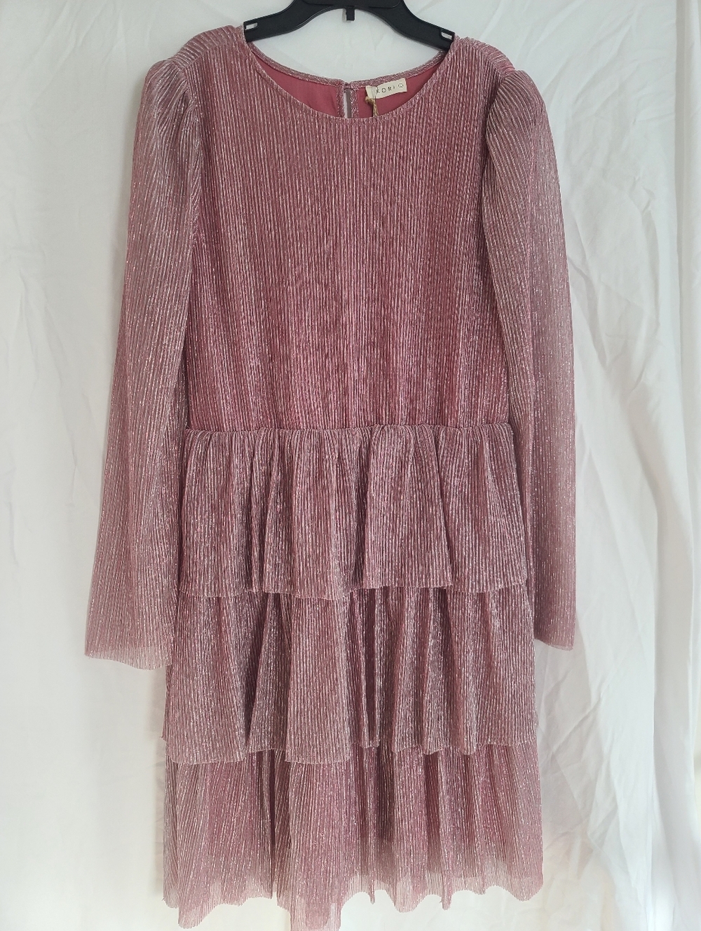 NWT Kori Dusty Pink Shimmer Tiered Long Sleeve Party Dress